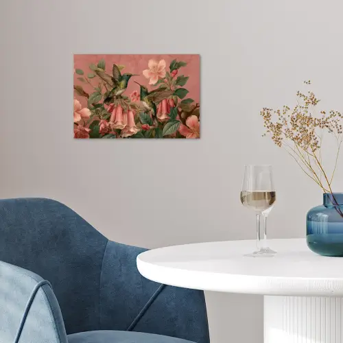 Kolibries - Bloemen - Groen - Roze poster papier klein -sfeer3