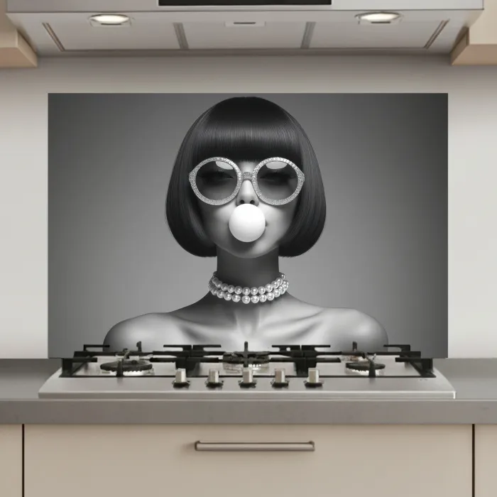 Vrouw - Zwart Wit - Ketting - Zonnebril keuken achterwand spatscherm klein -3d_website