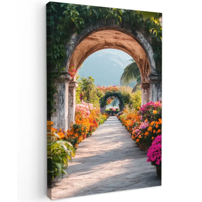 Doorkijk - Bloemen - Tropisch - Kleurrijk Tuinposter op houten frame 2 cm dik klein -3d