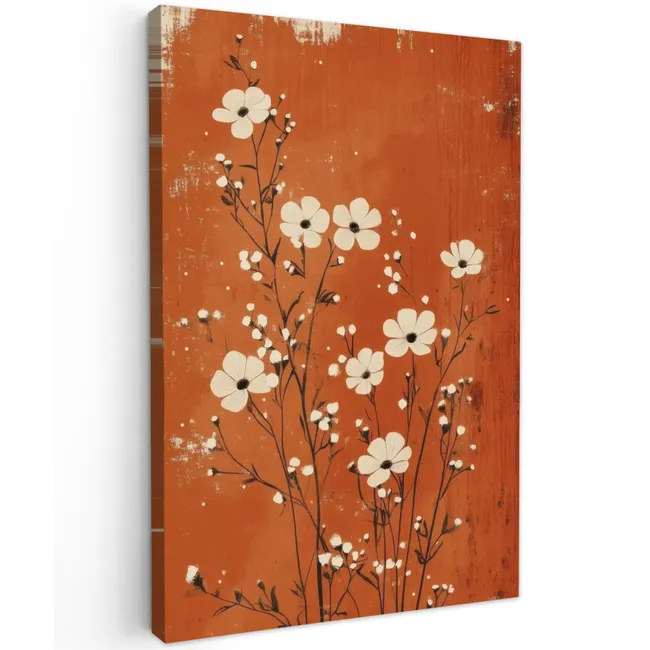 Bloemen - Wit - Subtiel - Roestkleur Tuinposter op houten frame 2 cm dik klein -3d