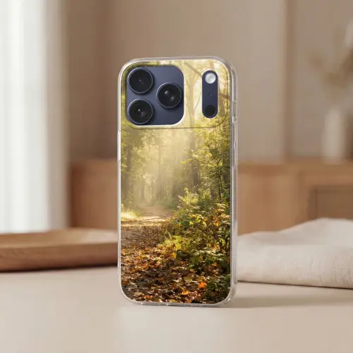 Zonlicht - Bospad - Bomen Telefoonhoesje iPhone 17 Pro klein -sfeer2