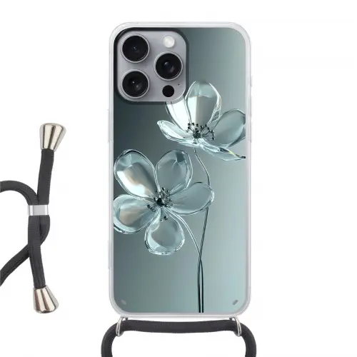 Kristal - Bloemen - Grijs Hoesje iPhone 16 Pro Max met koord klein -3d