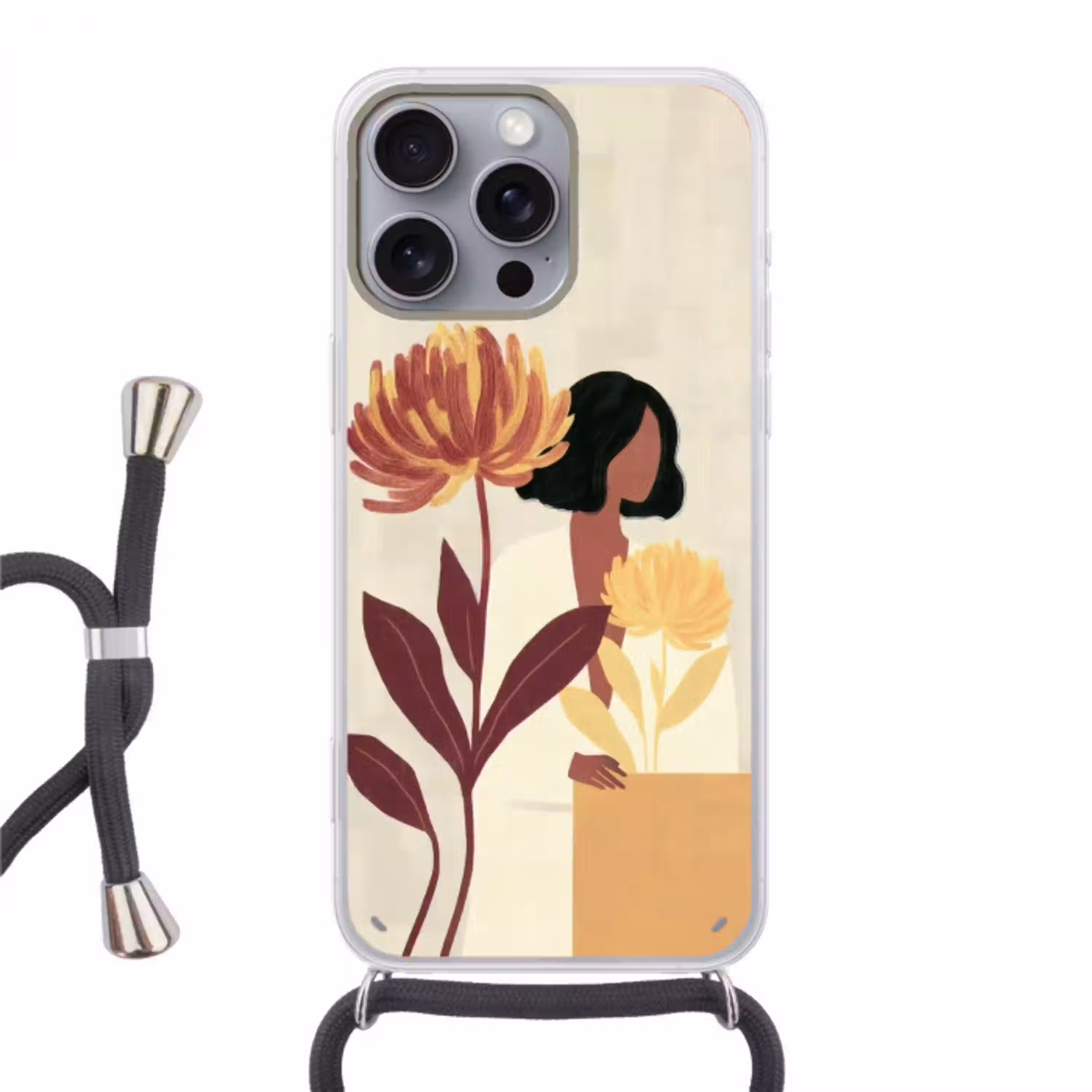 Vrouw - Minimalistisch - Bloem Hoesje iPhone 16 Pro Max met koord klein -3d