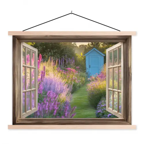 Doorkijk - Bloemen - Raam - Natuur textielposter latten blank klein -3d