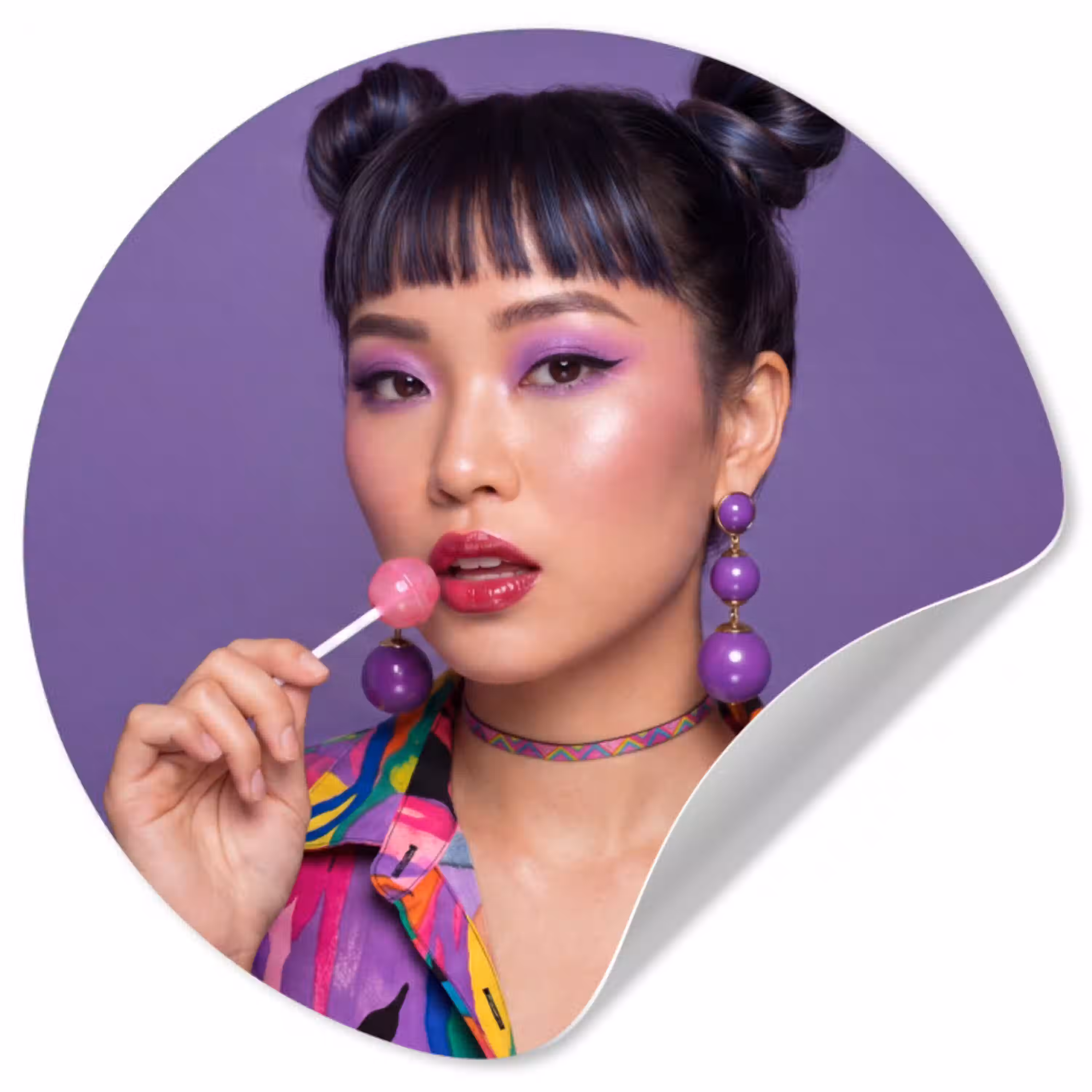 Vrouw - Portret - Make-up - Paars - Levendig Wandcirkel behangsticker klein -3d