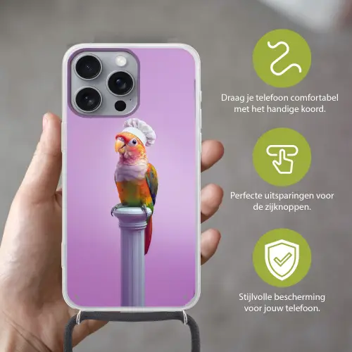 Papegaai - Koksmuts - Pilaar - Vogel Hoesje iPhone 16 Pro Max met koord klein -sfeer2_NL