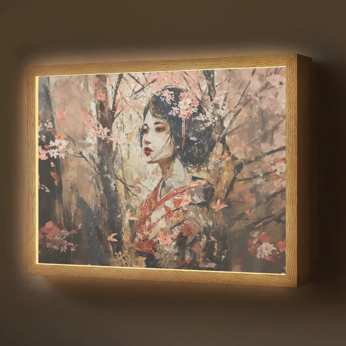Kimono - Vrouw - kersenbomen Light Box met batterij (Wandlamp) middel -z3d_website