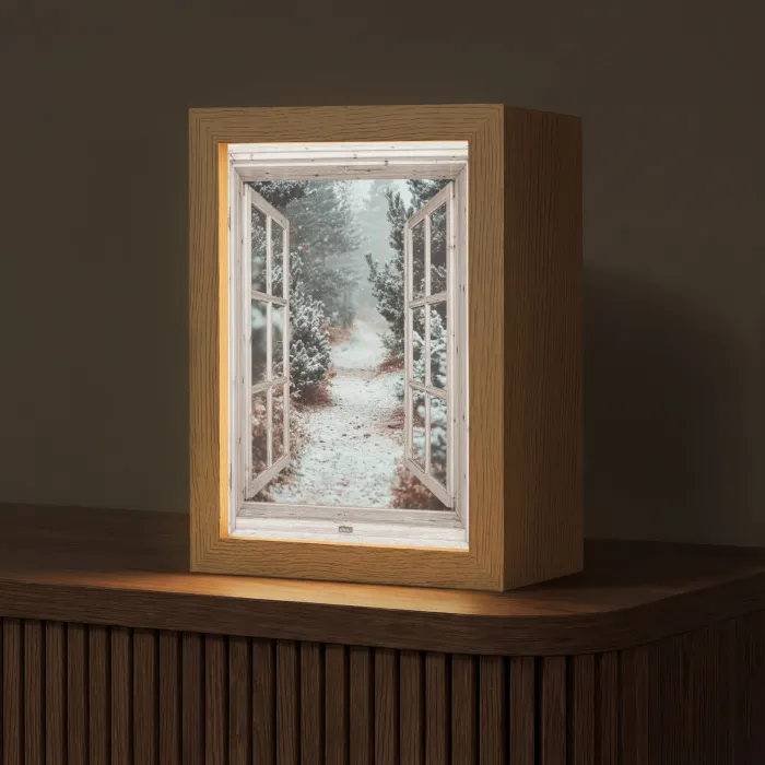 Bos - Winter - Bomen - Natuur - Pad - Doorkijk - Wit Light Box met kabel (Tafellamp) klein -z3d_website