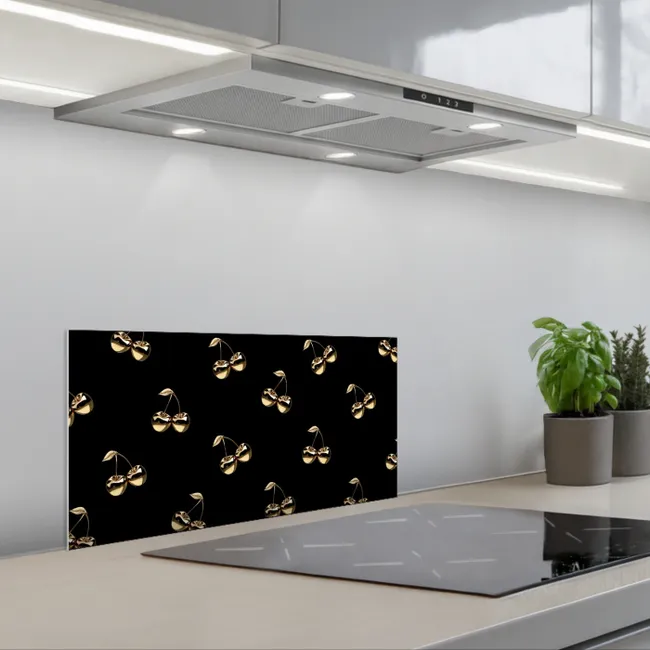 Patroon - Kersen - Goud - Chrome keuken achterwand spatscherm klein -3d_schuin