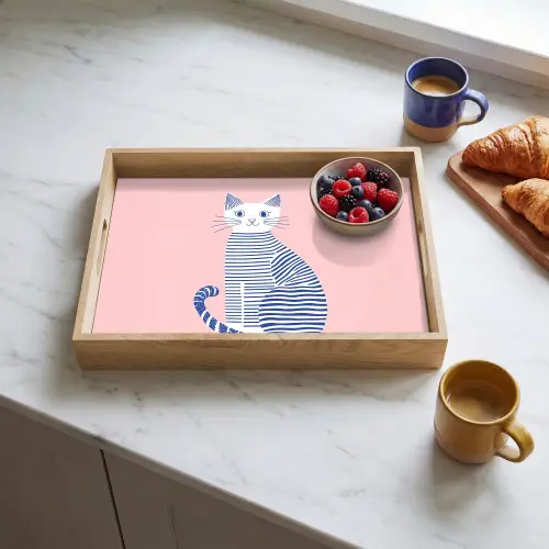 Kat - Illustratie - Minimalistisch - Roze Dienblad Rechthoek middel -sfeer2