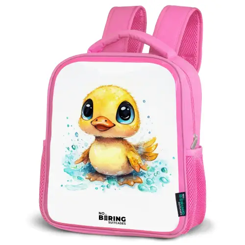 Lief eendje met blauwe ogen en waterspetters Kinderrugzak - Roze middel -schuin