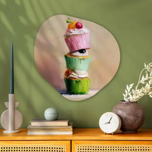Cupcakes - Gestapeld - Kleurrijk - Fruit Wandcirkel Organisch Plexiglas middel -sfeer2