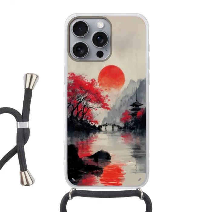 Rode zon - Rivier - brug - Bomen Hoesje iPhone 16 Pro Max met koord klein -3d