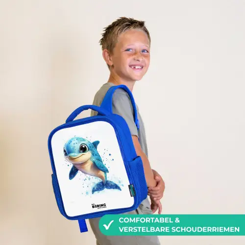 Blije dolfijn met waterdruppels op wit Kinderrugzak - Blauw middel -sfeer3_NL
