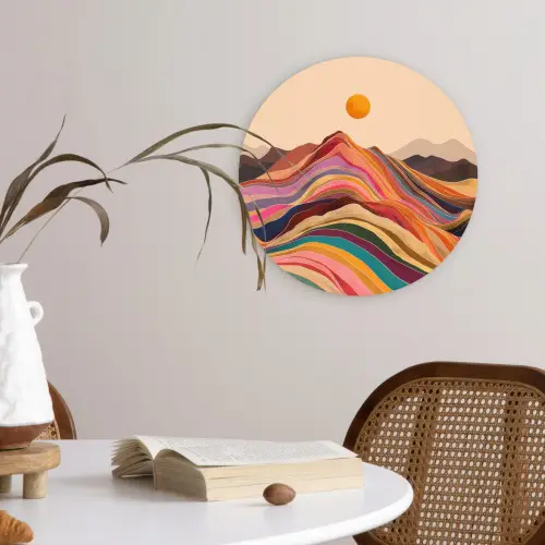 Zon - Kleurrijk landschap - Bergen Wandcirkel kunststof plaat 5mm dik klein -sfeer4