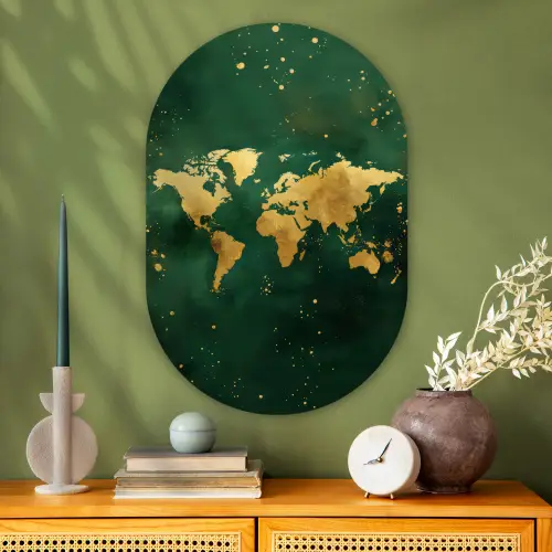 Wereldkaart - Groen - Goud Wandcirkel Ovaal Glas middel -sfeer2
