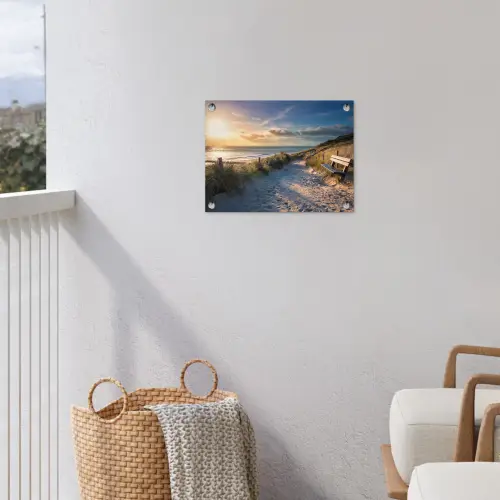 Zonsondergang - Strand - Duin - Gras - Bank tuinposter los doek klein -sfeer8
