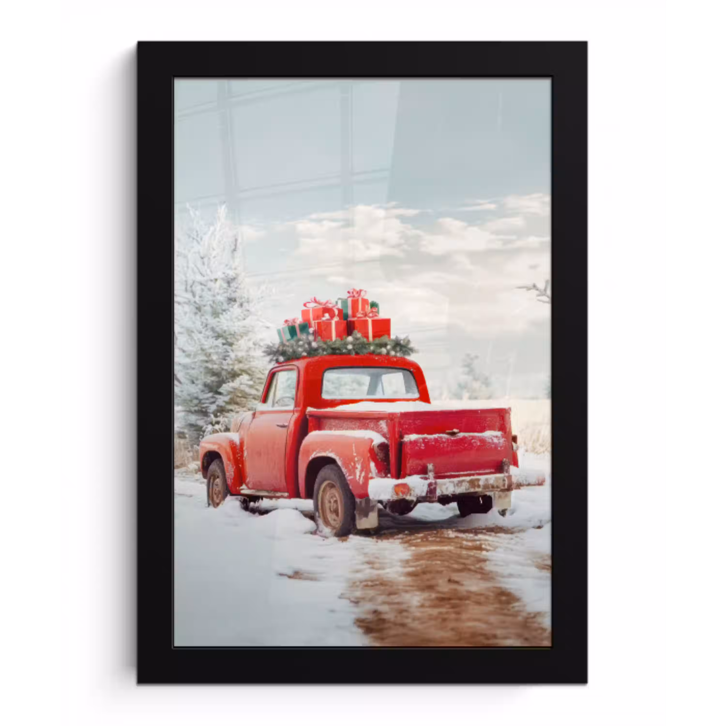 Auto - Rood - Cadeaus - Winter - Sneeuw - Kerst fotolijst zwart zonder passe partout klein -3d
