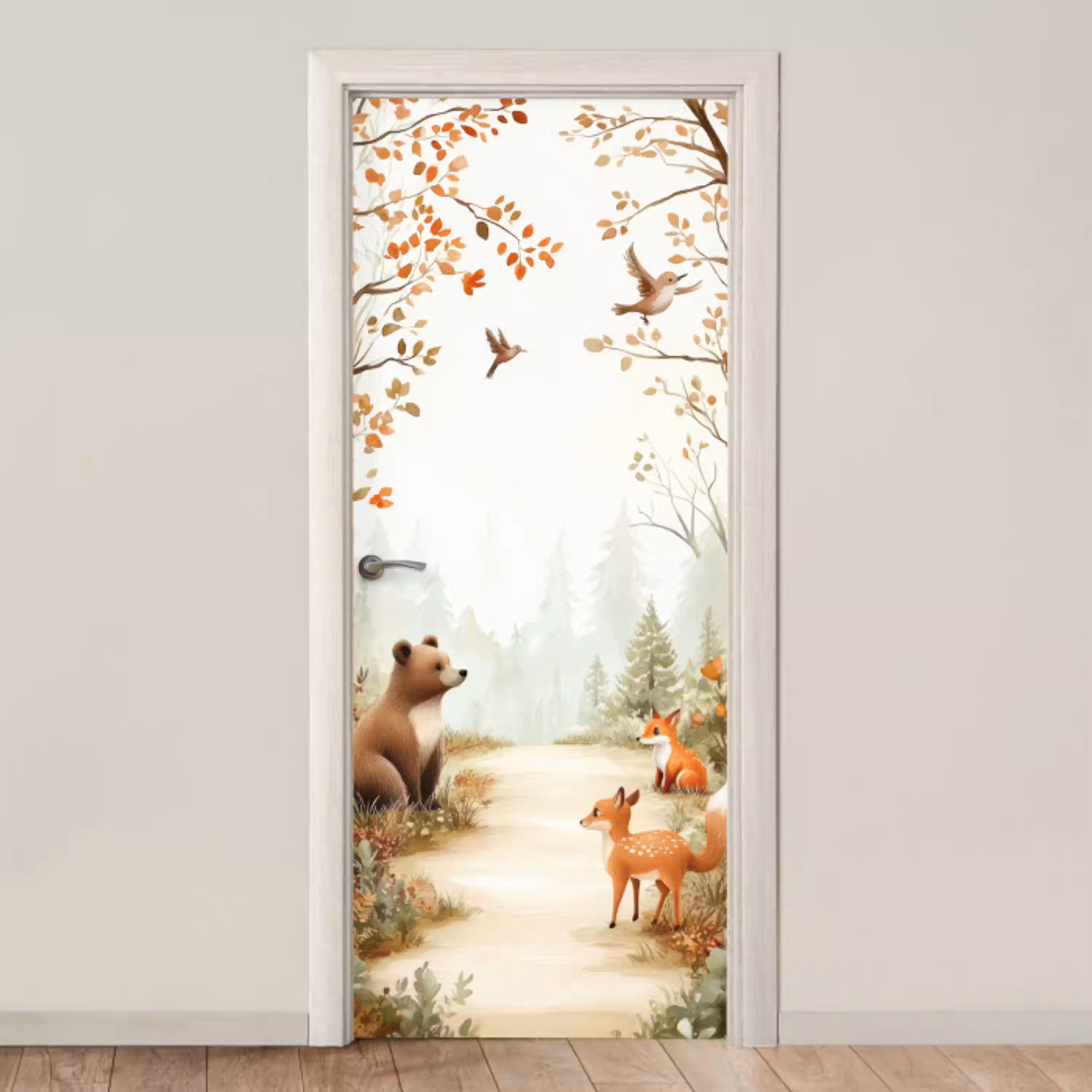 Bos - Herfst - Bosdieren - Beer - Vos deurposter klein -3d_beige