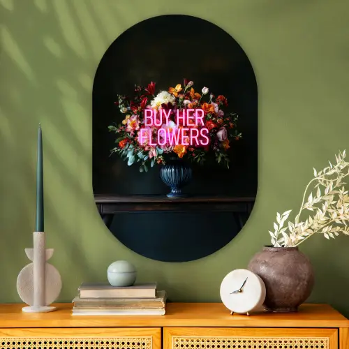 Quote - Bloemen - Vaas - Neon Wandcirkel Ovaal Glas middel -sfeer2