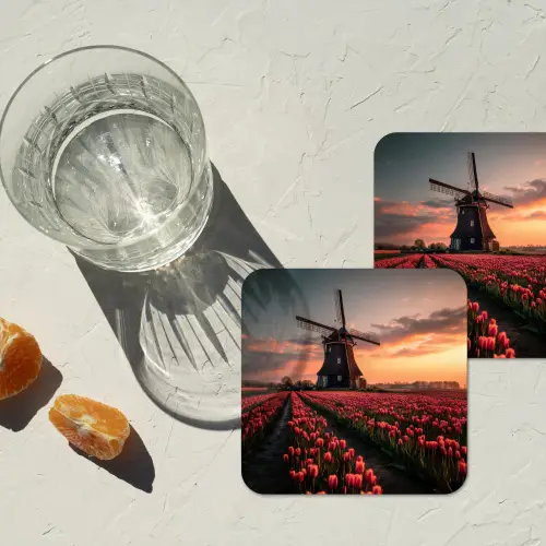 Molen - Zonsondergang - Tulpen - Rood onderzetter kurk middel -sfeer4