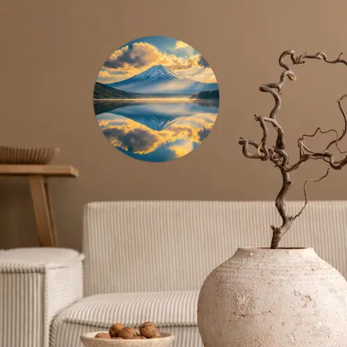Berg - Rivier - Zonsondergang Wandcirkel behangsticker klein -sfeer1