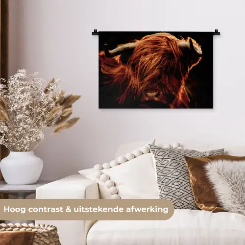 Schotse hooglander - Koe - Hoorns - Portret - Dieren Wandkleed katoen klein -sfeer1
