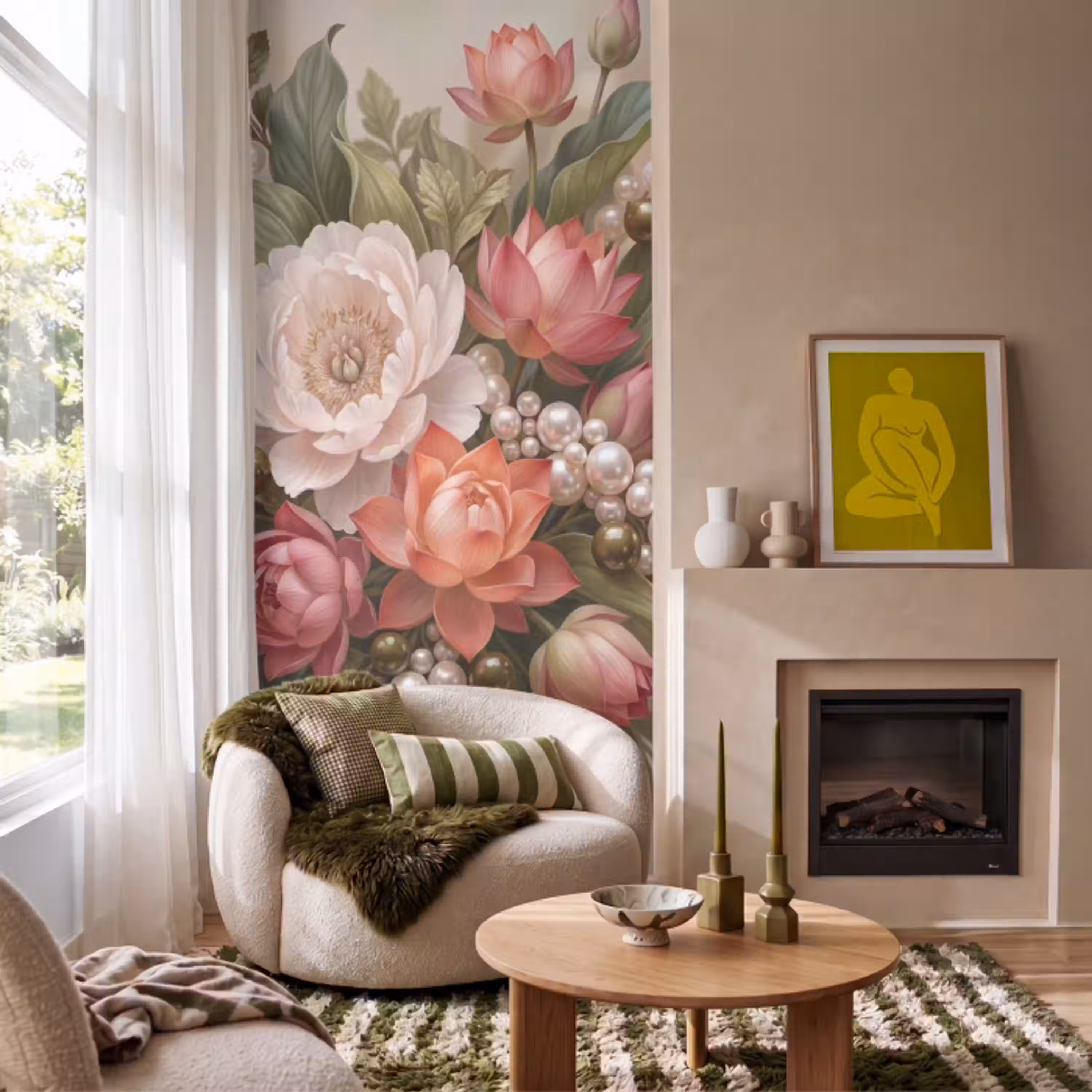 Bloemen - Parels - Elegant - Roze - Wit Behang Vlies klein -sfeer2