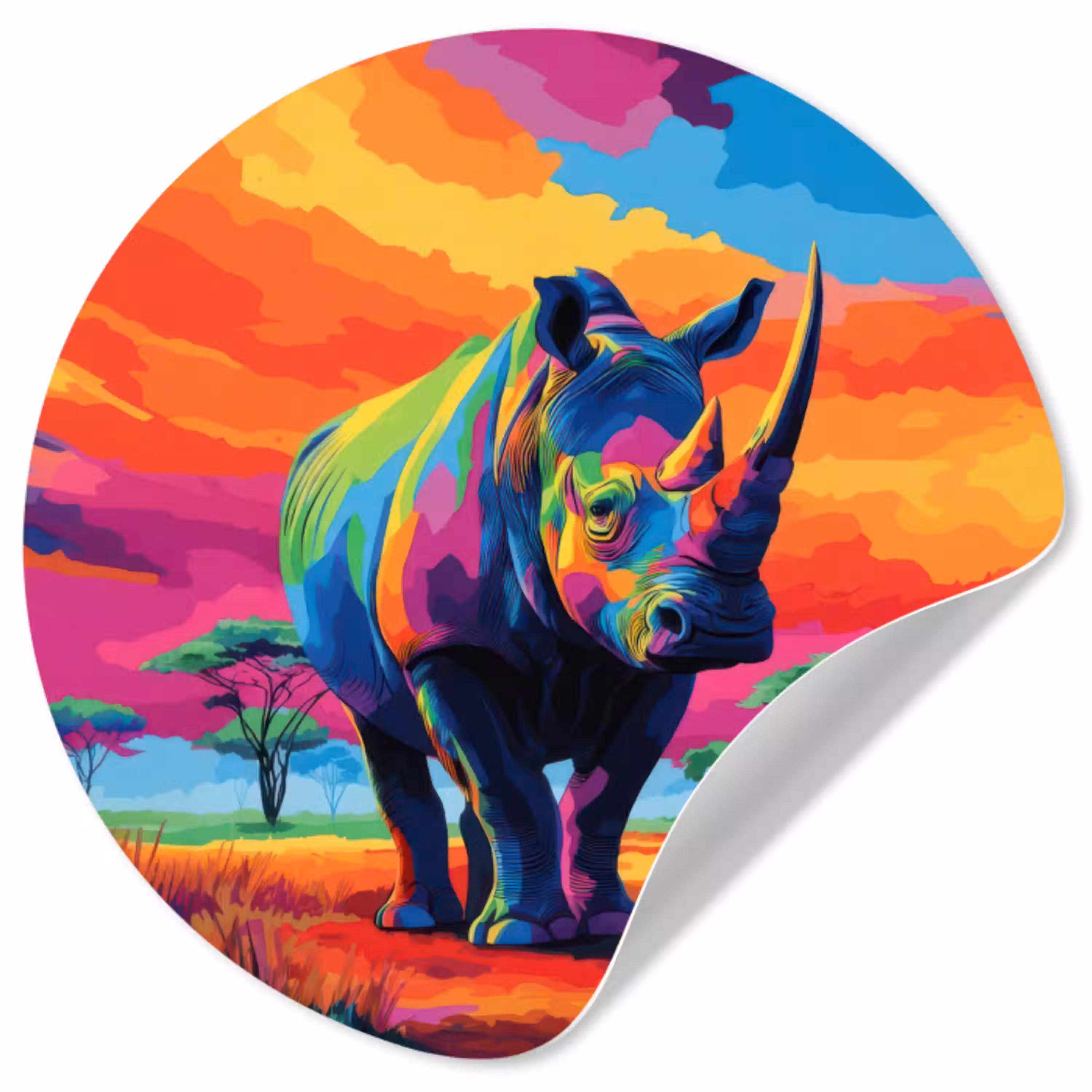 Neushoorn - Zonsondergang - Savanna - Kleurrijk Wandcirkel behangsticker klein -3d