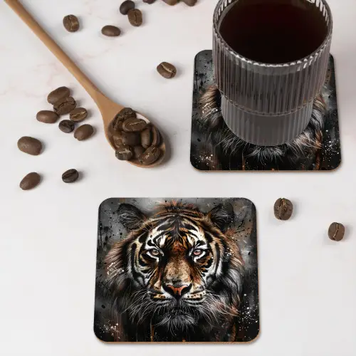 Tijger - Dieren - Portret - Luxe - Zwart onderzetter kurk middel -sfeer2