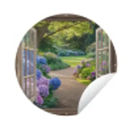 Doorkijk - Tuin - Raam - Hortensia - Bloemen Wandcirkel tuinposter met ringen klein -3d