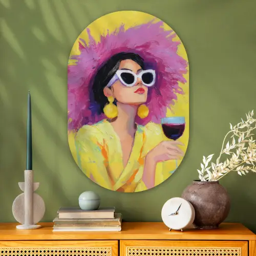Vrouw - Hoed - Paars - Wijn Wandcirkel Ovaal Glas middel -sfeer2