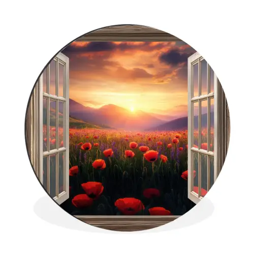 Doorkijk - Klaprozen - Bloemen - Rood - Open raam Wandcirkel aluminium klein -3d