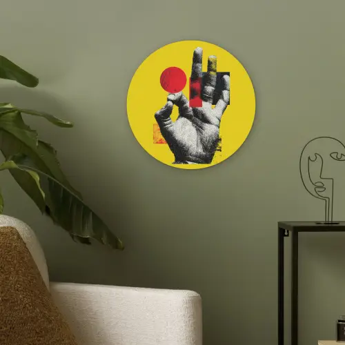 Hand - Rode cirkel - Geel Akoestische PET Vilt - Rond klein -sfeer2
