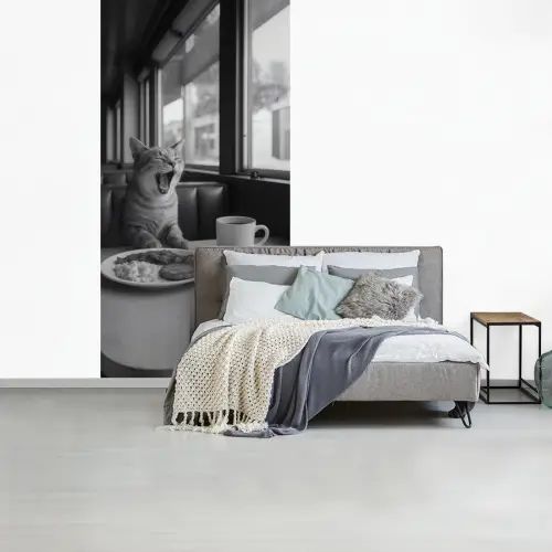 Kat - Koffie - Brood - Zwart fotobehang vinyl groot -slaapkamer