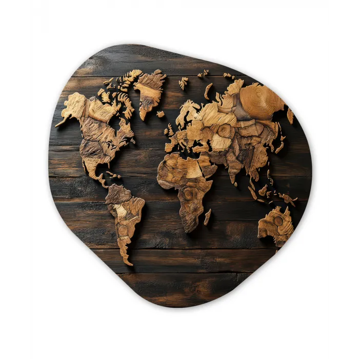 Wereldkaart -  Hout - Mozaïek Wandcirkel Organisch Plexiglas middel -3d