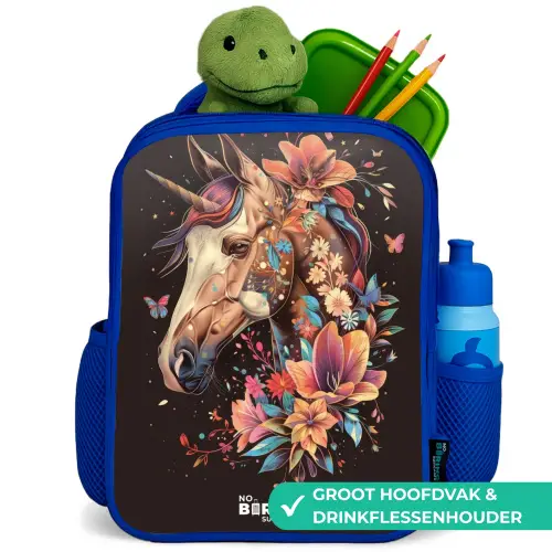 Eenhoorn en Bloemen op Zwarte Achtergrond Kinderrugzak - Blauw middel -inhoud_NL