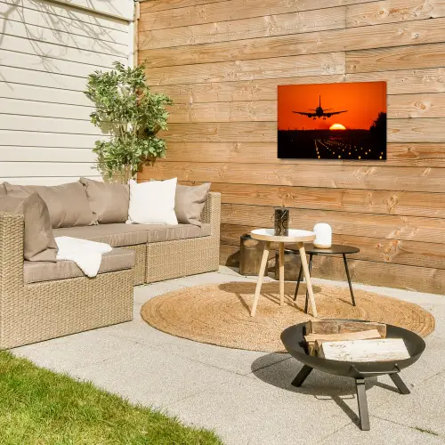 Zonsondergang - Vliegtuig - Oranje - Zon Tuinposter op houten frame 2 cm dik klein -sfeer2