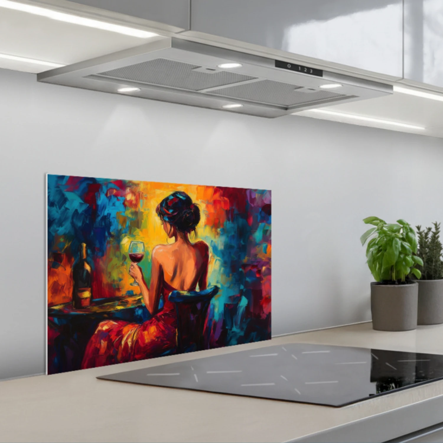 Wijn - Vrouw - Sfeervol - Kleurrijk keuken achterwand spatscherm klein -3d_schuin