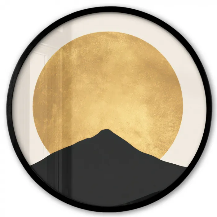Bergsilhouetten - Gouden cirkel - Beige Fotolijst rond zonder passe partout klein -3d