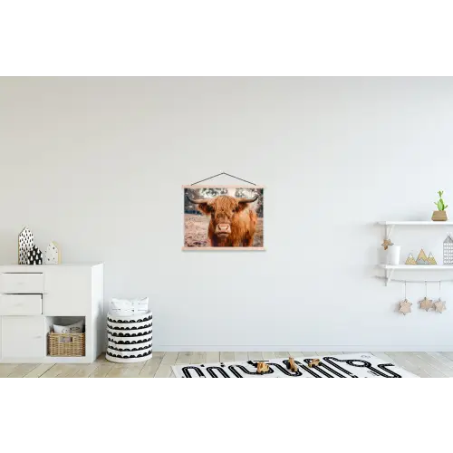 Koe- Schotse hooglander - Hoorns - Bruin - Landschap textielposter latten blank klein -kinderkamer