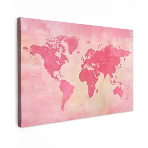 Wereldkaart - Roze - Vaag Tuinposter op houten frame 2 cm dik klein -3d