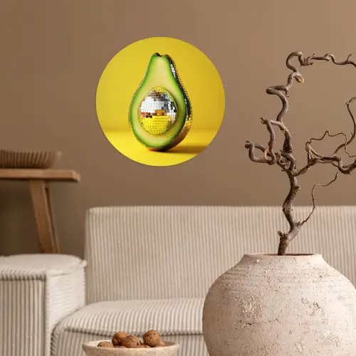 Avocado - Discobal - Geel - Glitter Wandcirkel behangsticker klein -sfeer1