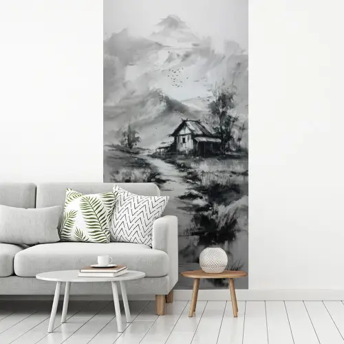 Hut - Grijs - Bergen - Mistig fotobehang vinyl groot -woonkamer
