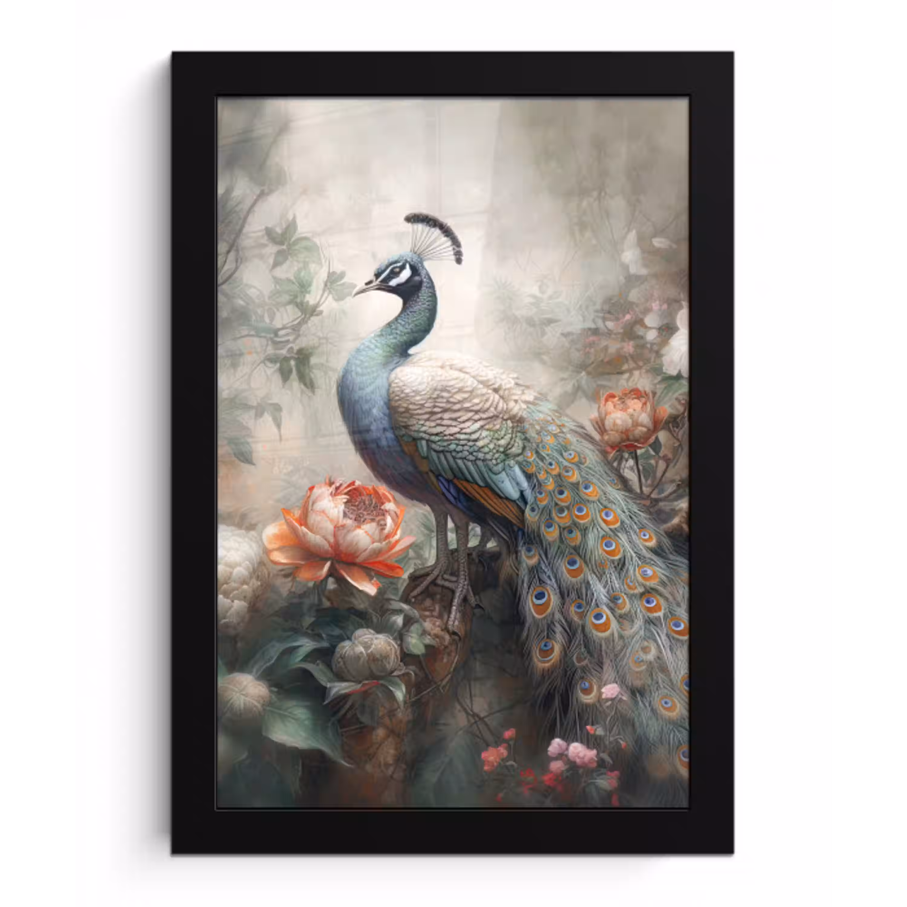 Pauw - Pauwenveren - Vogel - Jungle - Bloemen fotolijst zwart zonder passe partout klein -3d