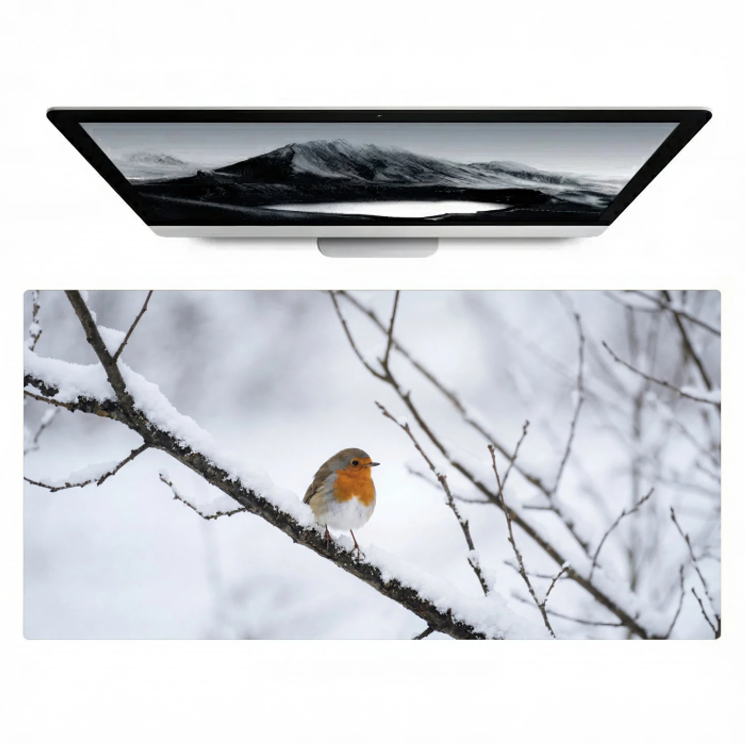 Roodborstje - Tak - Sneeuw - Winter - Levendig Muismat XXL klein -zzz3d