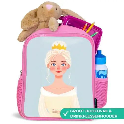 Prinses met een gouden kroon - Blauw Kinderrugzak - Roze middel -inhoud_NL