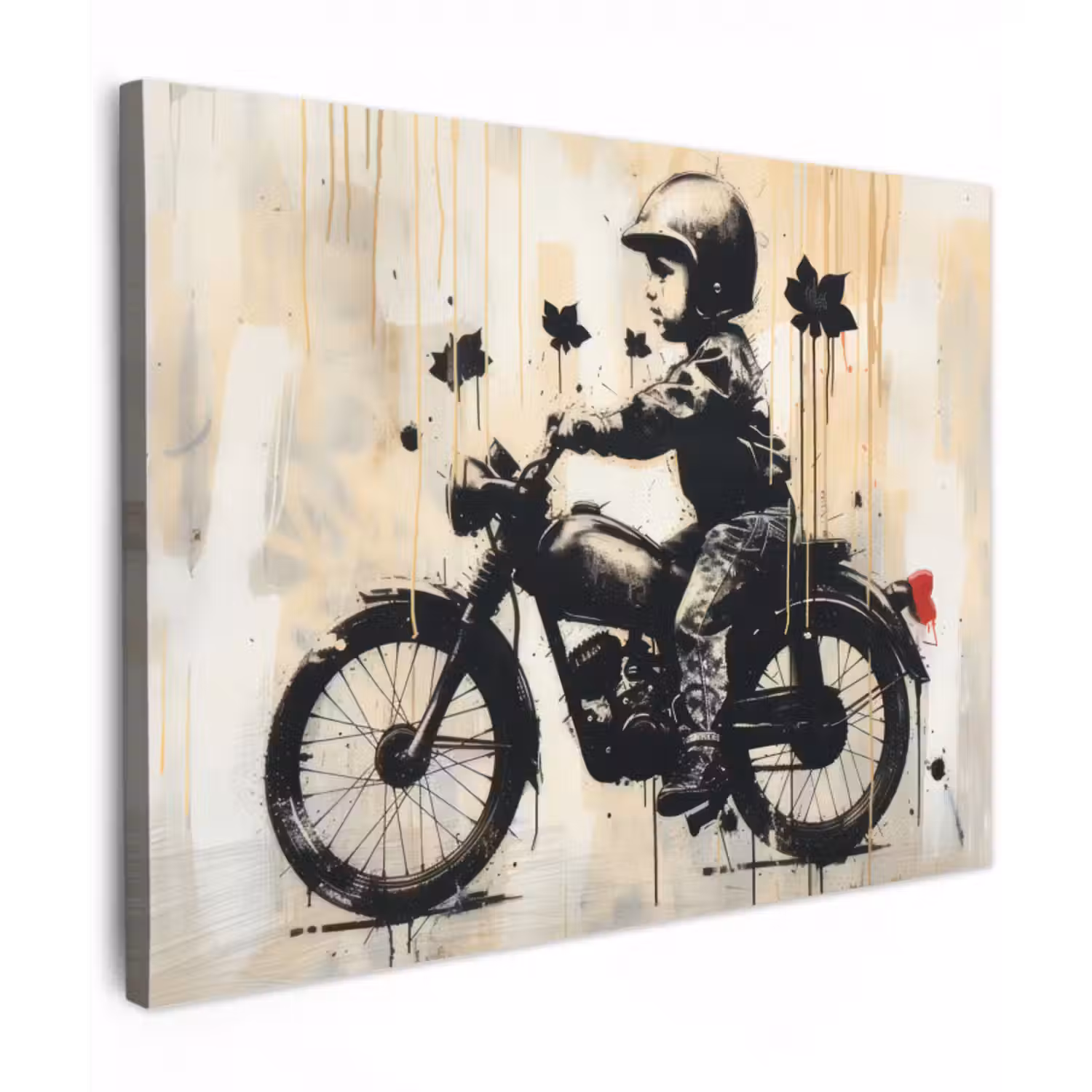 Leinwandbild - Vintage - Straßenkunst - Motorrad - Junge - Graffiti - Schwarz - Banksy