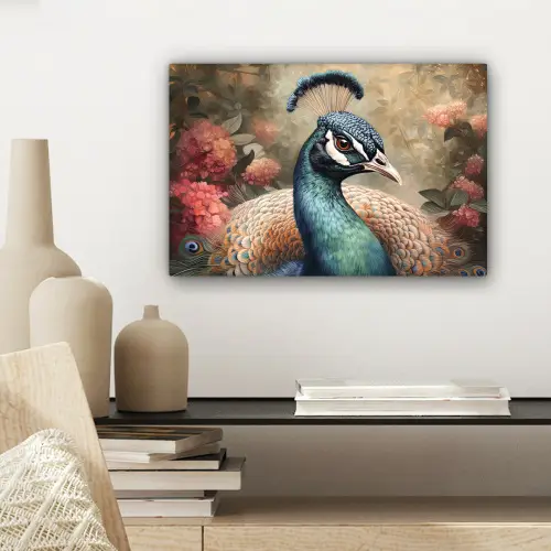 Pauw - Vogel - Bloemen - Planten - Pauwenveren canvas 2cm klein -sfeer6
