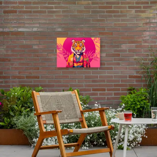 Tijger - Kimono - Planten - Roze Tuinposter op houten frame 2 cm dik klein -sfeer3